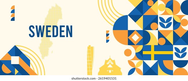 Sweden national vector banner featuring the flag, dotted map, landmarks, and geometric pattern design