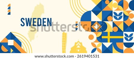 Sweden national vector banner featuring the flag, dotted map, landmarks, and geometric pattern design