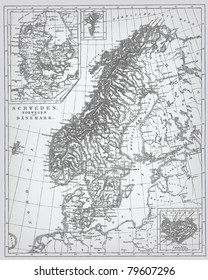 Sweden and Norway, engraving vector map from "The Complete encyclopedia of illustrations" containing the original illustrations of The iconographic encyclopedia of science, literature and art, 1851.