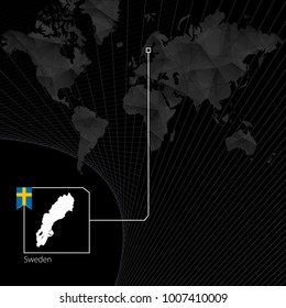 Sweden on black World Map. Map and flag of Sweden.