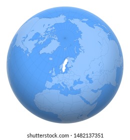 Suecia en el mundo. La Tierra se centró en la ubicación del Reino de Suecia. Mapa de Suecia. Incluye capa con ciudades capitales.