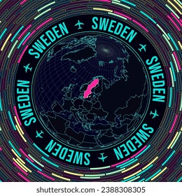 Sweden on globe. Satellite view of the world centered to Sweden. Bright neon style. Futuristic radial bricks background. Radiant vector illustration.