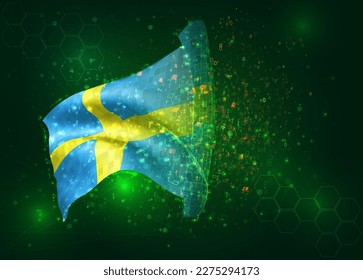 Sweden, on vector 3d flag on green background with polygons and data numbers