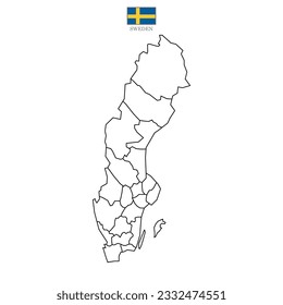 Sweden outline map with division to region. Sweden map isolated on white background. illustration map with national flag.