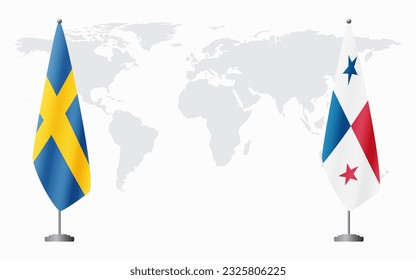 Sweden and Panama flags for official meeting against background of world map.