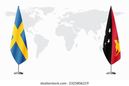 Sweden and Papua New Guinea flags for official meeting against background of world map.