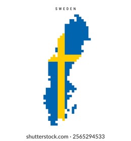 Sweden pixel flag map icon. 8 bit pixel art Swedish map covered with flag. Flat vector illustration isolated on white background.