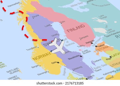 Sweden with plane and dashed line on europe map, close up Sweden, vacation and road trip concept, pinned destination, travel idea, colorful map with location icon, top view