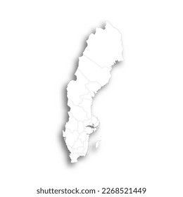 Sweden political map of administrative divisions - counties. Flat white blank map with thin black outline and dropped shadow.