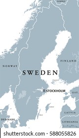 Sweden political map with capital Stockholm, national borders and neighbors. Kingdom and Scandinavian country in Northern Europe. Gray illustration with English labeling, isolated over white. Vector.