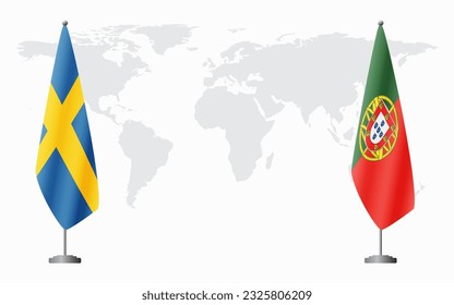 Sweden and Portugal flags for official meeting against background of world map.