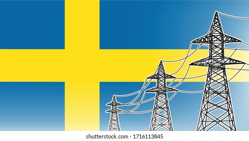 Sweden power supply lines vector concept 3 electric high voltage poles on the flag background in colors  blue, yellow