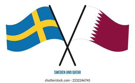 Banderas de Suecia y Qatar Cruzadas y ondeando estilo plano. Proporción oficial. Colores correctos.