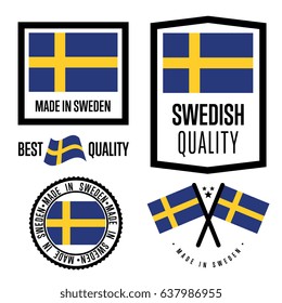 Sweden quality isolated label set for goods. Exporting stamp with swedish flag, nation manufacturer certificate element, country product vector emblem. Made in Sweden badge collection.