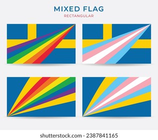 Sweden, Rainbow and Transgender  Pride Mixed Flags. Swedish Combined Flag Design Vector.