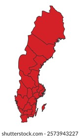 Sweden red map with border of regions outline vector