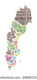 Sweden region word cloud. Country shape design. Sweden colored illustration. Region names collage cloud. Vector illustration.