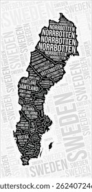 Schweden Regionen Karte Wort Wolke. Schweden - Regionsnamen. Schwarz-weißes Kartendesign. Elegante Vektorgrafik.