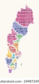 Sweden regions word cloud. Country logo design. Regions typography style vector image. Sweden colored text cloud. Classy vector illustration.