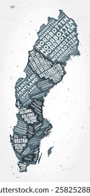 Sweden regions word clouds. Country shape on textured background. Sweden design in typographic style. Beautiful vector illustration.