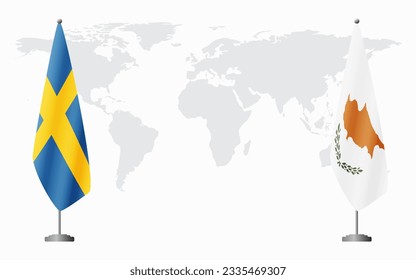 Sweden and Republic of Cyprus flags for official meeting against background of world map.