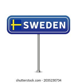 sweden road sign. National flag with country name on blue road traffic signs board design vector illustration.