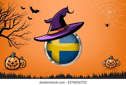 sweden round flag with Happy Halloween banner or party invitation background. bats, spiders and pumpkins, orange background