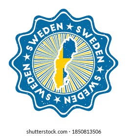 Sweden round grunge stamp with country map and country flag. Vintage badge with circular text and stars, vector illustration.