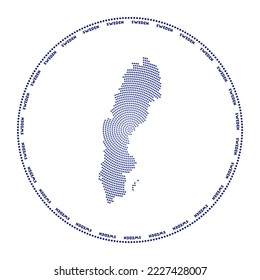 Logo de la ronda de Suecia. Forma de estilo digital de Suecia en círculo de puntos con nombre de país. Icono tecnológico del país con puntos degradados. Ilustración vectorial vibrante.