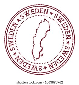 Sweden round rubber stamp with country map. Vintage red passport stamp with circular text and stars, vector illustration.