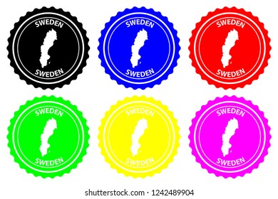 Sweden - rubber stamp - vector,  Kingdom of Sweden map pattern - sticker - black, blue, green, yellow, purple and red