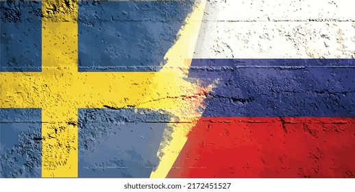 Schweden - Russland - Konflikt. Streit zwischen Schweden und Russland. Spannungen zwischen Russland und Schweden.  Russische und schwedische Flagge