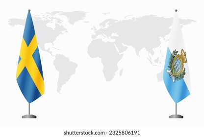 Sweden and San Marino flags for official meeting against background of world map.