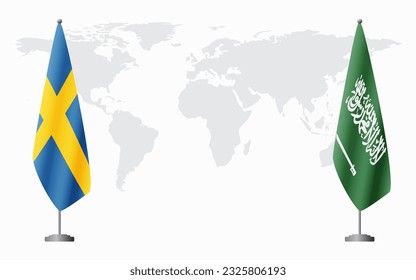 Schweden und Saudi-Arabien Flaggen für offizielle Treffen vor dem Hintergrund der Weltkarte.