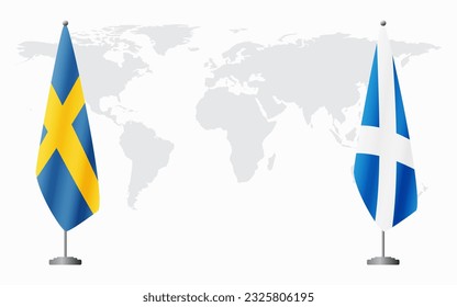 Sweden and Scotland flags for official meeting against background of world map.
