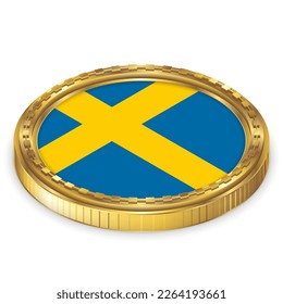 Sweden (SE) National Flag Round Icon 2.5D Isometric Projection View Gold Coin Isolated on White Background