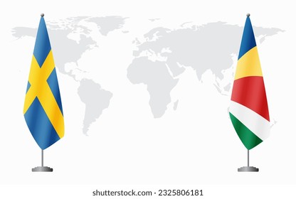 Sweden and Seychelles flags for official meeting against background of world map.