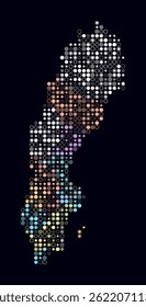 Sweden, shape of the country built of colored cells. Digital style map of Sweden on dark background. Small size circle blocks. Artistic vector illustration.