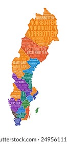 Sweden shape. Country word cloud with region division. Sweden colored illustration. Region names cloud. Vector illustration.