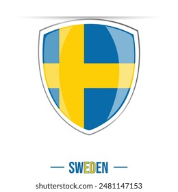 In: Sweden Shield Shape Flag. Schweden glänzende glänzende Flagge isoliert auf weißem Hintergrund. Vektorillustration
