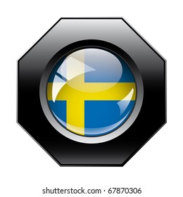 Sweden shiny button flag with black frame -  vector illustration. Isolated abstract object against white background.