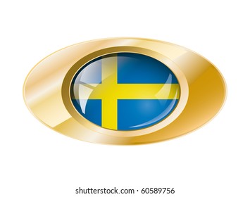 Sweden shiny button flag with golden ring vector illustration. Isolated abstract object against white background.