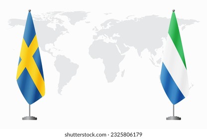 Sweden and Sierra Leone flags for official meeting against background of world map.