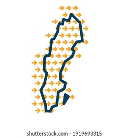 Mapa de contorno simple de Suecia con flechas direccionales amarillas.