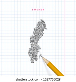 Sweden sketch scribble map drawn on checkered school notebook paper background. Hand drawn vector map of Sweden. Realistic 3D pencil.