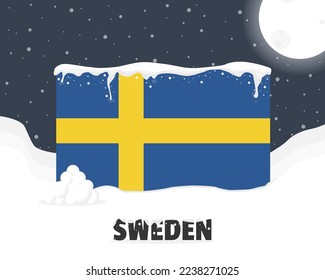 Sweden snowy weather concept, cold weather and snowfall, Sweden weather forecast winter banner idea, snow cap on flag with snowballs and moon, blizzard and adverse weather conditions