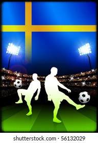 Sweden Soccer Player with Flag on Stadium Background Original Illustration