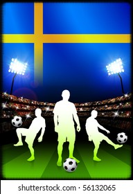 Sweden Soccer Player with Flag on Stadium Background Original Illustration