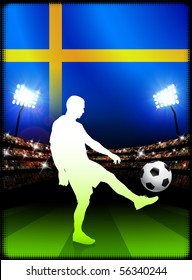 Sweden Soccer Player with Flag on Stadium Background Original Illustration