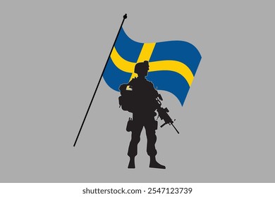 Schweden Soldat mit Flagge, Schweden Flagge Vektorgrafik, Schweden Landesflagge ist ein Symbol der Freiheit, Nationale Schweden Flagge, Vektorgrafik
